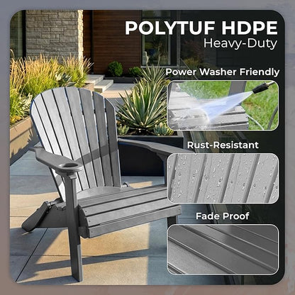 Ecommersify Folding Adirondack Chair with Cup Holder - (Dark Gray) - Heavy Duty Recycled Poly Lumber Folding Chair - Amish Crafted Outdoor Furniture - Made in USA
