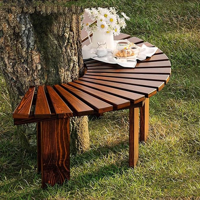 Wooden wrap Around Tree Bench Weatherproof，Semi Circle Garden Bench，Curved Outdoor Bench，for Garden, Park，Patio ，Outside，Plant(Walnut,Semicircle)
