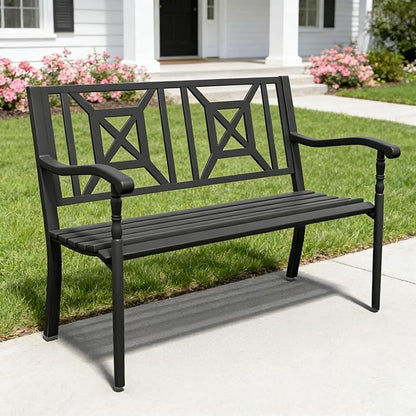 YLGJ&TIDY 50 Inches Garden Benches for Outdoor Patio Bench with Pattern Backrest Armrest Weatherproof Park Benches Metal Bench for Garden Park Porch Lawn Yard (BENCH05)