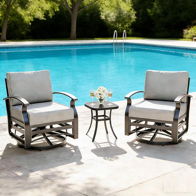 Gotland 3 Piece Patio Set, Metal Outdoor Swivel Chairs Set of 2 with 5.1’’ High-Resilience Seat Cushions Tempered Glass Coffee Table Removable Cushions for Backyard, Lawn, Porch, Grey