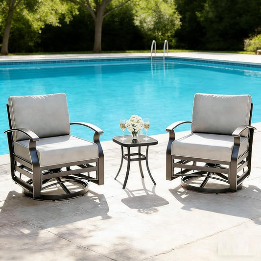 Gotland 3 Piece Patio Set, Metal Outdoor Swivel Chairs Set of 2 with 5.1’’ High-Resilience Seat Cushions Tempered Glass Coffee Table Removable Cushions for Backyard, Lawn, Porch, Grey