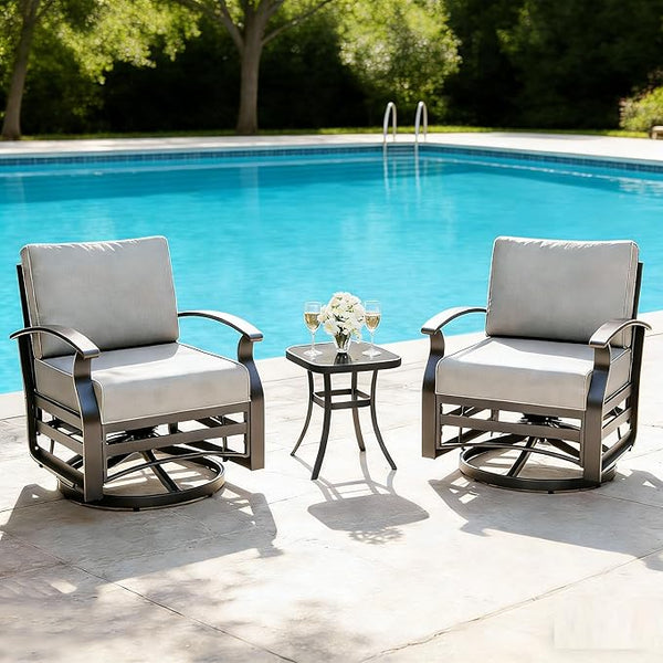 Gotland 3 Piece Patio Set, Metal Outdoor Swivel Chairs Set of 2 with 5.1’’ High-Resilience Seat Cushions Tempered Glass - Photo 1