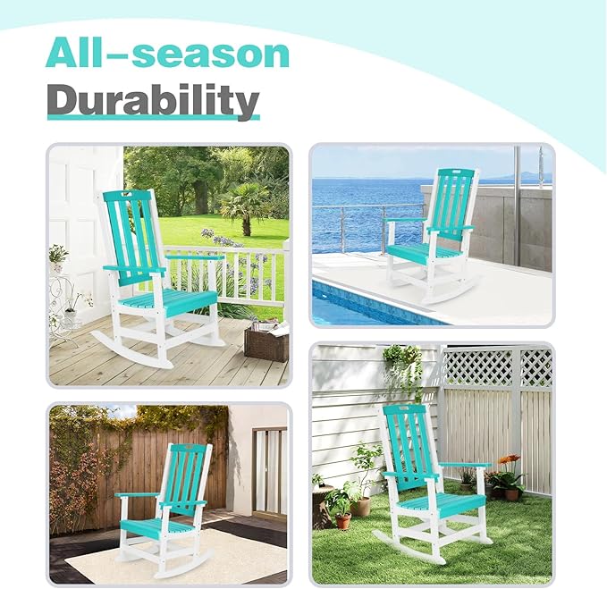 Aoodor Outdoor Rocking Chair, Ergonomic HDPE Rockers with All-Weather Design for Patio or Porch, Clashing Colors, Lake Blue and White,Set of 2