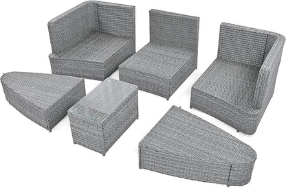 Quarte 6-Piece Patio Outdoor Conversation Round Sofa Set, All Weather PE Wicker Rattan Separate Seating Group with Coffee Table, Sectional Sofa Set for Garden Balcony (Beige/Round6)