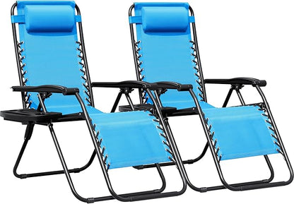 Greesum Zero Gravity Chairs Set of 2 Adjustable Steel Mesh Recliners Beach Deck Lawn Camping Patio Foldable Lounge Chair with Cup Holder Trays and Pillows,Sky Blue