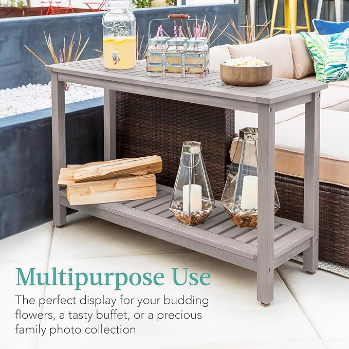 Best Choice Products 48in 2-Shelf Eucalyptus Wooden Console Table Indoor Outdoor Multifunctional Buffet Bar Storage - Photo 6