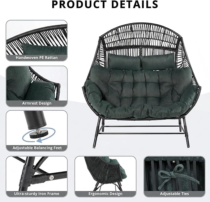 IRONCK 2 Person Egg Chair Indoor Outdoor, Double Lounge Chair, Update Frame, Cushions and Headrests, 700 lbs Egg Loveseat for Garden, Porch, Living Room, Dark Green