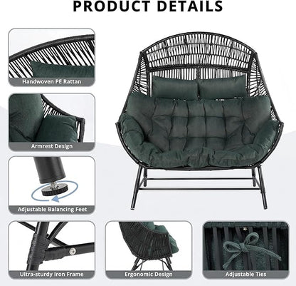 IRONCK 2 Person Egg Chair Indoor Outdoor, Double Lounge Chair, Update Frame, Cushions and Headrests, 700 lbs Egg Loveseat for Garden, Porch, Living Room, Dark Green