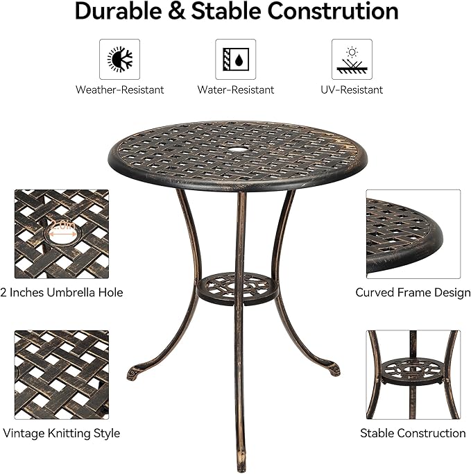 24" Patio Bistro Table Round Outdoor Coffee Table, Small Patio Table with 2" Umbrella Hole, Iron Frame for Porch, Backyard, Garden, Rustic Brown (Rustic Brown)
