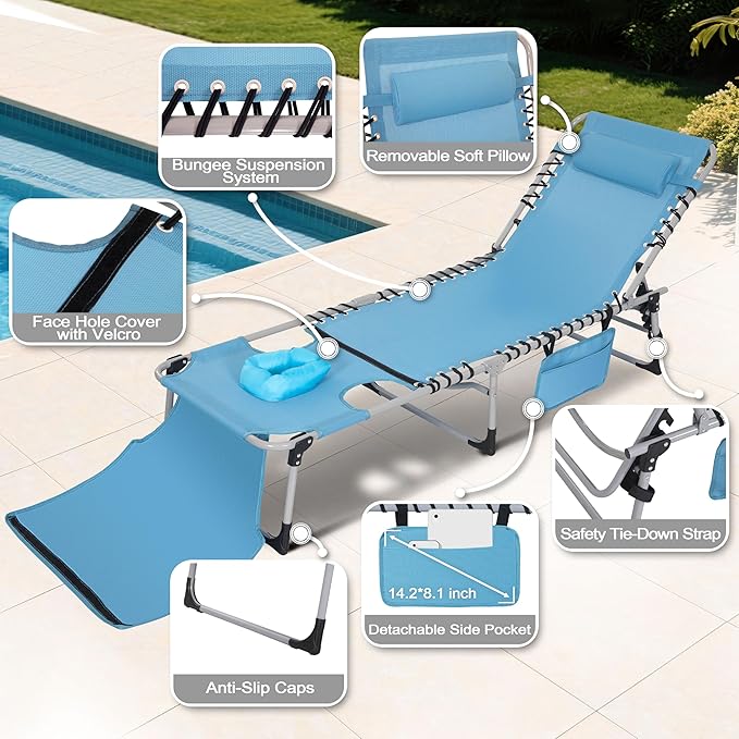 NUU GARDEN Folding Chaise Lounge Chair, Adjustable 5 Position Recliner with Face Hole and Pillow - Photo 8
