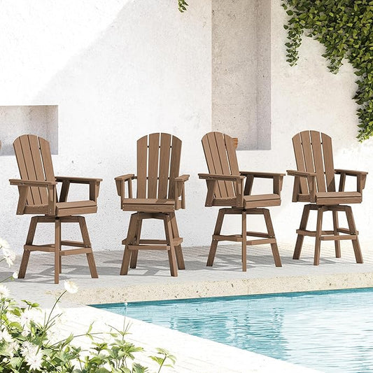 SERWALL Swivel Adirondack Bar Chairs Set of 4, HDPE Outdoor Swivel Barstools Chairs Set of 4 for Bistro, Poolside, Garden, Brown