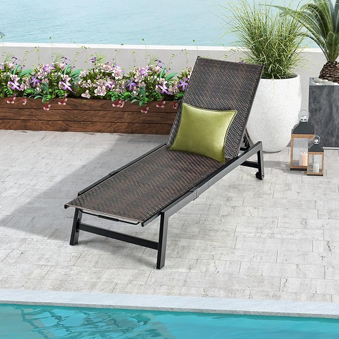 Giantex Patio Chaise Lounge Chair - Outdoor PE Rattan Recliner Chair with Wheels, 5-Position Adjustable Backrest, Steel Frame, Wicker Tanning Chair for Deck, Poolside, Yard, Beach Sunbathing Chair(1)
