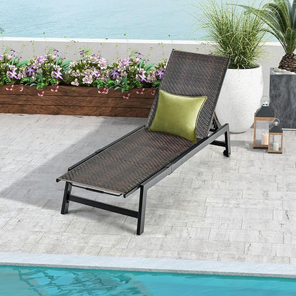 Giantex Patio Chaise Lounge Chair - Outdoor PE Rattan Recliner Chair with Wheels, 5-Position Adjustable Backrest, Steel Frame, Wicker Tanning Chair for Deck, Poolside, Yard, Beach Sunbathing Chair(2)