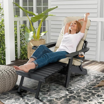 Mega Casa Poly Lumber Adirondack Chair with Cup Holders, Ottoman and Cushion, Adjustable Backrest, All-Weather Resistant HIPS Material, Wood-Like Pattern, Heavy Duty 700 LBS (Iron Black)