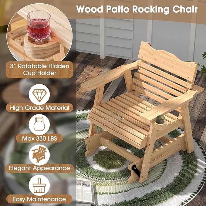 Outdoor Rocking Chair, Patio Glider Chair with Ergonomic Curved Seat & Wide Armrest, Indoor Fir Wood Rocker with Hidden Cup Holder for Patio Balcony Backyard Porch Poolside, Natural