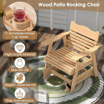 Outdoor Rocking Chair, Patio Glider Chair with Ergonomic Curved Seat & Wide Armrest, Indoor Fir Wood Rocker with Hidden Cup Holder for Patio Balcony Backyard Porch Poolside, Natural