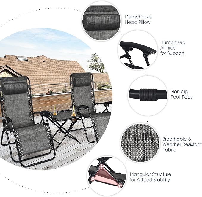 Goplus Zero Gravity Chair Set, 3 Pieces Outdoor Lounge Chair Recliners w/Side Table, Headrest and Cup Holders, Adjustable Folding Recliners and Table for Patio, Yard, Pool, Beach (Grey)