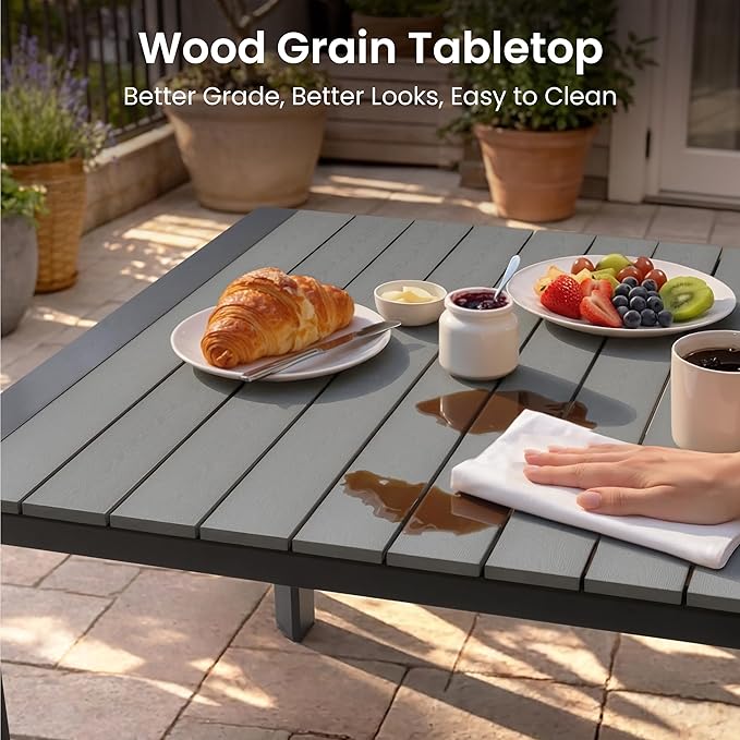 Crestlive Outdoor Dining Table for 8, Patio Table with Umbrella Hole, Aluminum Frame & WPC Wood-Like Tabletop, Ideal for Garden, Backyard, and Indoor