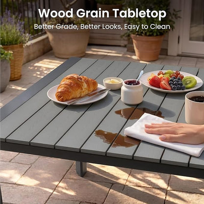 Crestlive Outdoor Dining Table for 8, Patio Table with Umbrella Hole, Aluminum Frame & WPC Wood-Like Tabletop, Ideal for Garden, Backyard, and Indoor