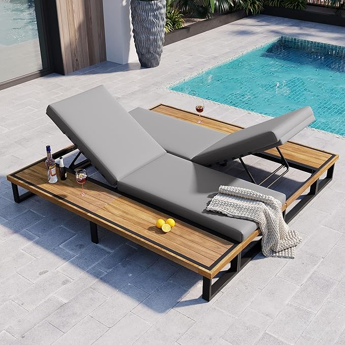 Merax Set of 2 Outdoor Chaise Lounge Chair Sofa, Couch with 5-Position Adjustable Backrest, Reclining with Cushion - Photo 1