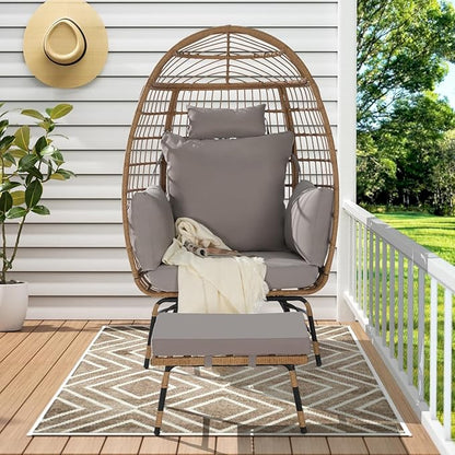 Oversized Wicker Egg Chair with Ottoman, Rattan Patio Egg Chair with Stand and Thick Cushions, Indoor Outdoor Lounge Chair for Backyard, Balcony, Living Room, Light Gray ＋Ottoman