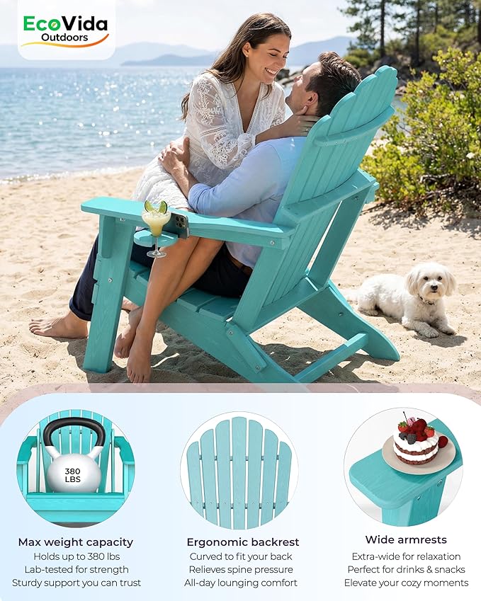 Oversized Adirondack Chair with Dual Cup Holders, Ergonomic High Back HDPE Fire Pit Chair, 380lbs Capacity All-Weather Outdoor Patio Lounge Chair for Garden, Deck, Yard - Aruba Blue