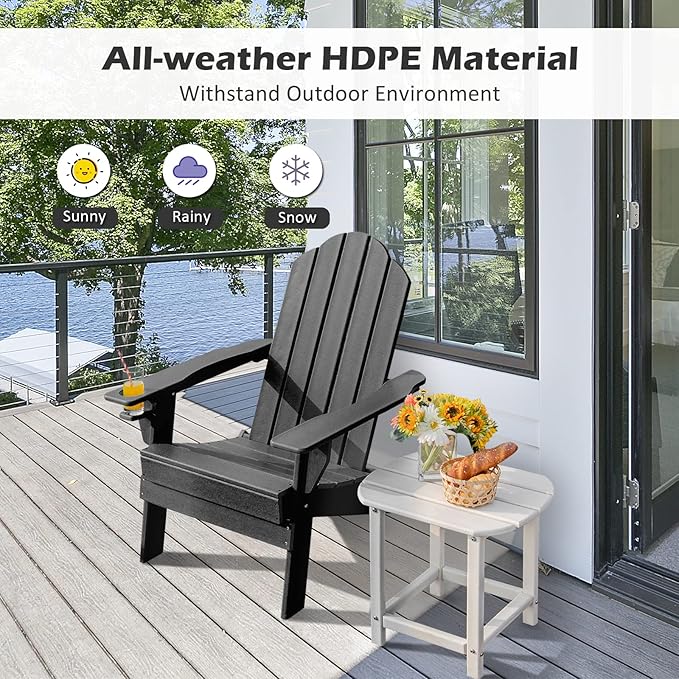 Tangkula Outdoor Folding Adirondack Chair, HDPE Armchairs with Cup Holder, Weather Resistant Lounger Chair for Patio Garden Fire Pit Backyard, Lawn Porch Seating, Adirondack Lounger (1, Black)