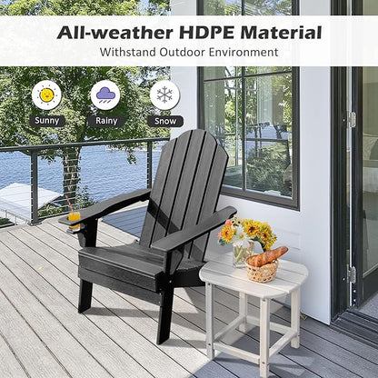 Tangkula Outdoor Folding Adirondack Chair, HDPE Armchairs with Cup Holder, Weather Resistant Lounger Chair for Patio Garden Fire Pit Backyard, Lawn Porch Seating, Adirondack Lounger (1, Black)