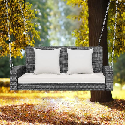 Tangkula 2 Person Wicker Hanging Porch Swing, Patiojoy Outdoor Rattan Swing with Soft Cushions and 2 Rustproof Steel Chains, 800 LBS Patio Swing Bench for Balcony, Garden and Yard