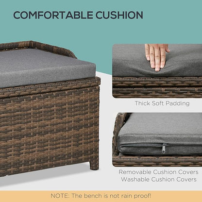 Outsunny 38 Gallon Outdoor Wicker Storage Bench Deck Box, PE Rattan Patio Furniture Pool Storage Bin Container with Interior Waterproof Cloth Bag and Comfortable Cushion, Cream White