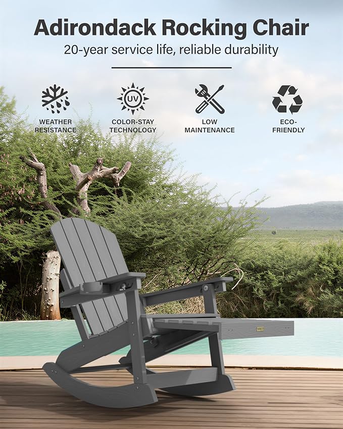 YEFU Rocking Chairs Outdoor Set of 4, Adirondack Chairs with Retractable Ottoman, Adjustable Adirondack Rocking Chair,Rockings Chair Outside,Weather Resistant,for Patio,Porch,Lawn,Heavy Duty,Grey
