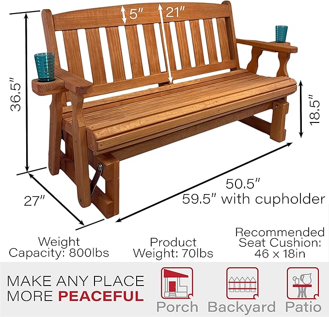 Amish Heavy Duty 800 Lb Mission Pressure Treated Porch Glider with Cupholders (4 Foot, Cedar Stain) - Photo 2