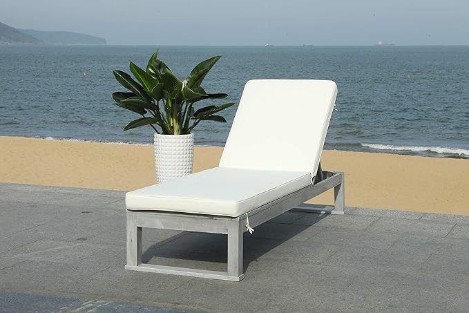 SAFAVIEH Outdoor Collection Solano Grey Solid Wood/Beige Cushion Patio Adjustable Chaise Lounge Chair (PAT7024E)