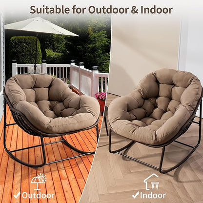 HOMEFUN Outdoor Patio Rocking Chairs Set of 2, Oversized Papasan Rock Chair Indoor with Padded Cushion - Rocker Egg Seat for Front Porch, Garden, Backyard Khaki