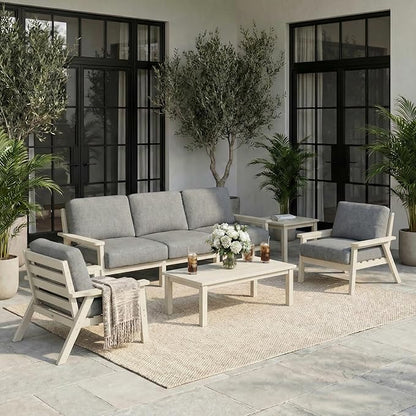 HDPE 5 Piece Patio Furniture Set, Outdoor Couch with Washable Thick Gray Cushions & Coffee Table & Side Table, Outdoor Sectional Furniture for Backyard, Deck, Lawn, Porch (White Frame)