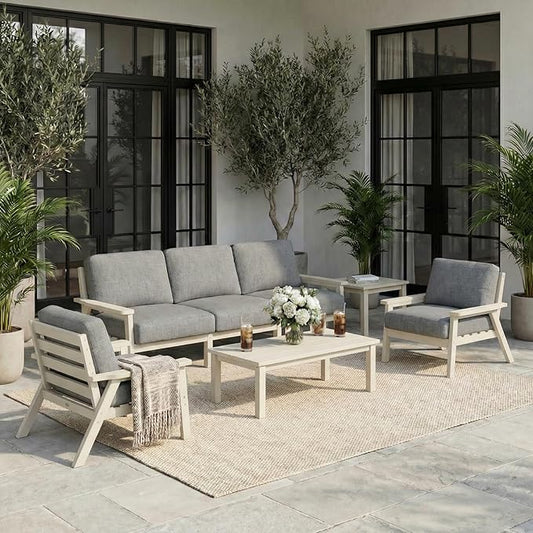 HDPE 5 Piece Patio Furniture Set, Outdoor Couch with Washable Thick Gray Cushions & Coffee Table & Side Table, Outdoor Sectional Furniture for Backyard, Deck, Lawn, Porch (White Frame)