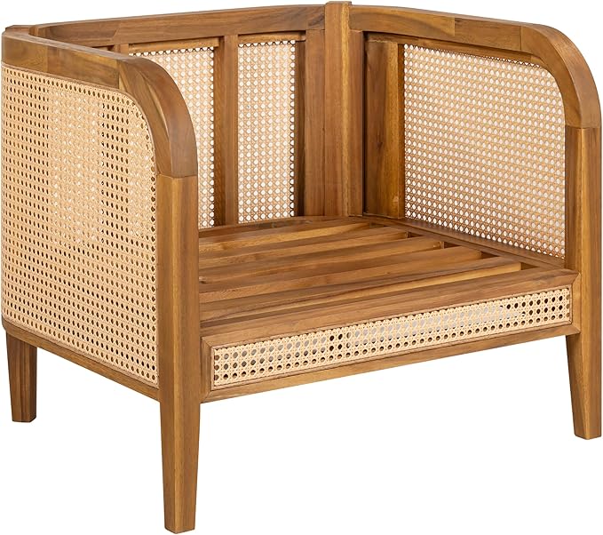 Christopher Knight Home Tilden Bohemian Acacia Wood Patio Accent Chairs, Wicker Lounge Chair Outdoor, Patio Furniture Single Sofa with Removable Cushion, Comfy Garden Reading Chair, Teak+Beige