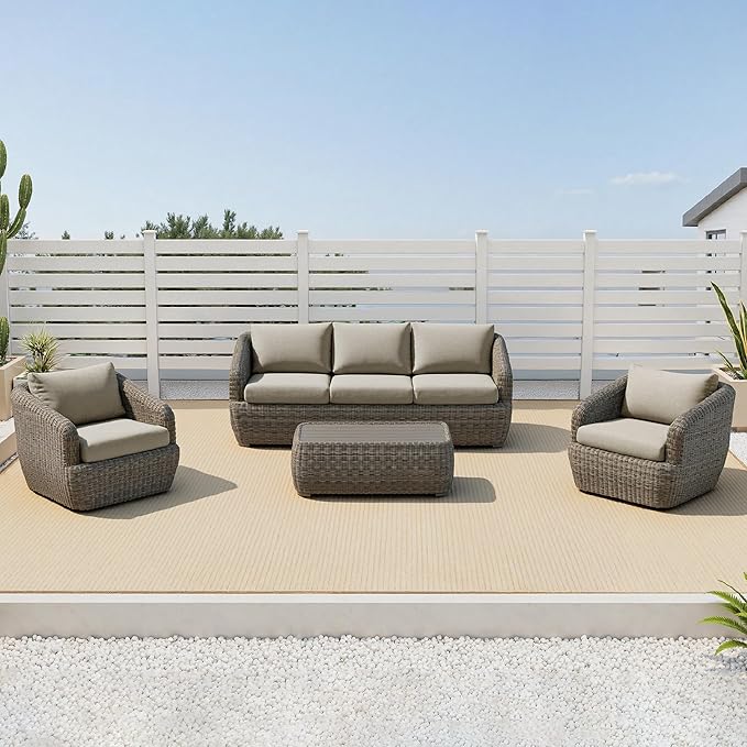 CHITA Wicker Patio Coffee Table, 41” All-Weather Rattan Outdoor Coffee Table with Wood-Grain Metal Top, Waterproof for Porch Backyard, Fully Assembled, Grey