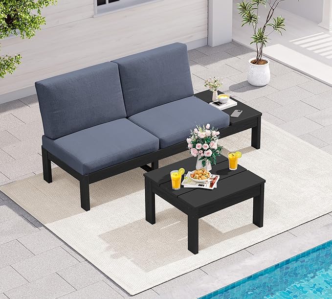 SERWALL HDPE Outdoor Furniture Set, 2 Seats Outdoor Sectional with Coffee Table, All Weather Patio Sofas, Outdoor Conversation Sets with Adjustable Backrest Sofa for Backyard, Garden, Black with Grey