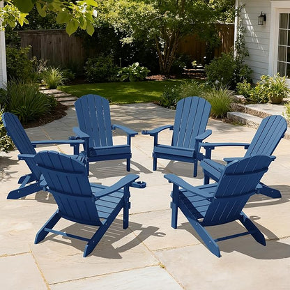 YEFU Adirondack Chairs Set of 6: Outdoor Chair HIPS Plastic Adirondack Chairs - Patio Chairs with Wood Texture - Lawn Fire Pit Deck Porch Garden Chairs for Adults (Navy Blue)