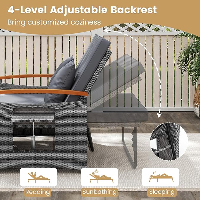 Tangkula Patio Rattan Daybed with 4-Level Adjustable Backrest, Outdoor Wicker Loveseat with Acacia Wood Armrest - Photo 5