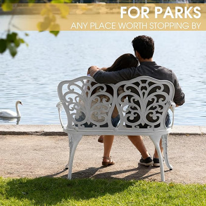 Outdoor Bench, Cast Aluminum Double Seating with Backrest and Armrests, Mental Outdoor Furniture for Patio, Porch, Garden, Park, White Butterfly