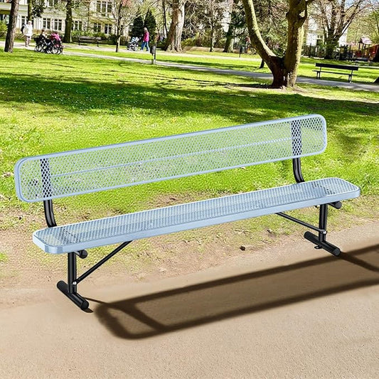 Thermoplastic Coated Iron Park Bench for Outside, Heavy Duty Metal Garden Bench, Expanded Commercial Grade Seating for Shopping Malls, Lawn Yard Porch Entryway (Grey with Backrest, 96IN)