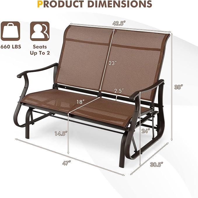 Giantex Outdoor Glider Bench Chair - Extra-Large 2 Person Loveseat with Breathable Fabric, Steel Frame - Photo 3