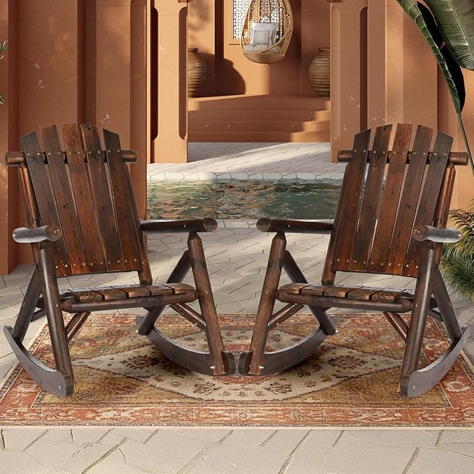 HOMEDIARY Wooden Adirondack Rocking Chair, Patio Log Rocker Outdoor Lounge Chair with Slatted Wooden Design, High Fanned Back & Classic Rustic Style for Garden Patio Backyard (Set of 2, Carbonized)