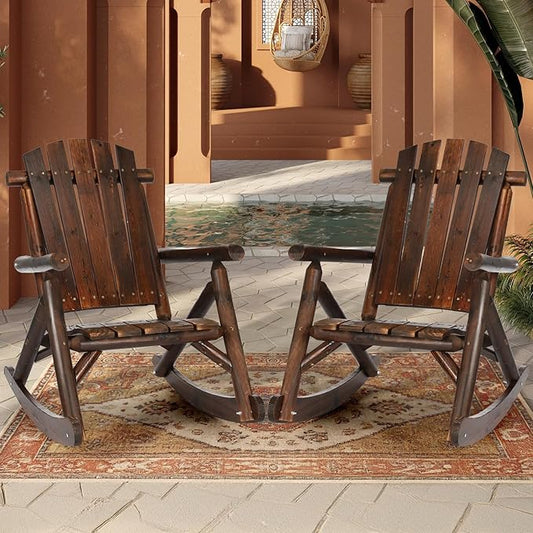 HOMEDIARY Wooden Adirondack Rocking Chair, Patio Log Rocker Outdoor Lounge Chair with Slatted Wooden Design, High Fanned Back & Classic Rustic Style for Garden Patio Backyard (Set of 2, Carbonized)