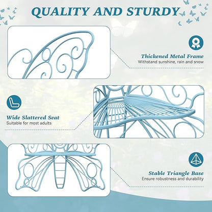 49 Inch Outdoor Bench, Blue Garden Bench with Metal Frame, Weatherproof Butterfly Front Porch Benches for Lawn, Garden, Yard, Balcony