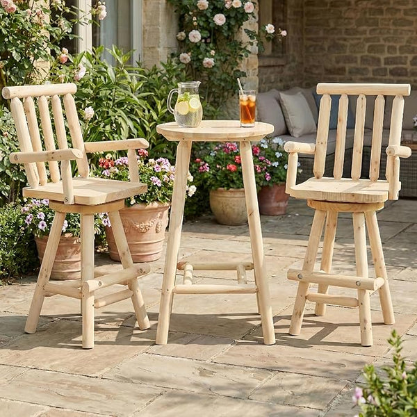 HOMEDIARY 3 Piece Outdoor Swivel Adirondack Bar Set, 41.9" Patio Log Bar Height Table & 2 Bar Stools with High Back - Photo 1