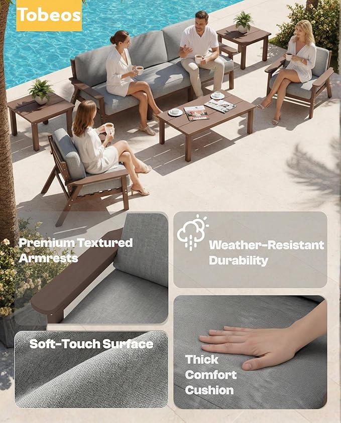 HDPE Patio Furniture Set 4 Seats, Outdoor Couch with Washable Thick Gray Cushions & Coffee Table & Side Table, Outdoor Sectional Furniture for Backyard, Deck, Lawn, Porch (Brown Frame)