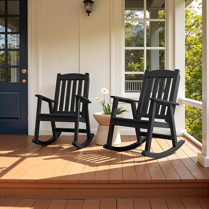 Flamaker Outdoor Rocking Chairs, PP Material Patio Rocking Chairs All Weather Resistant, Heavy Duty Rockers with High Back for Patio Backyard Porch (Black)